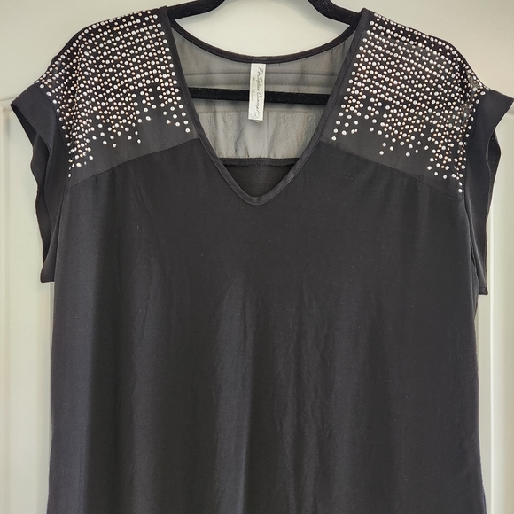 PerSeption Black Rhinestone Studded Shoulder Blouse Top π - Picture 2 of 5